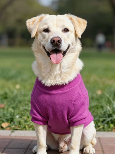 Un perro salchicha feliz posando con un suéter de punto color magenta hecho a la medida exacta, luz natural brillante, fondo de parque suavemente desenfocado.
