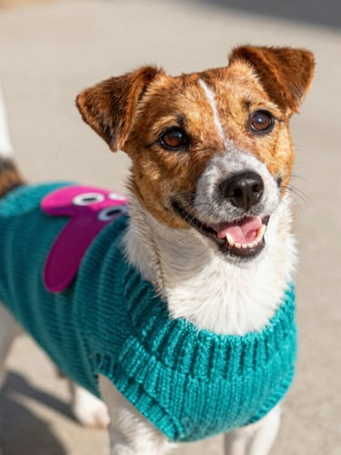 A happy small Jack Russell terrier wearing a colorful custom-fit knitted teal sweater, looking up with bright eyes, close-up shot, warm natural daylight