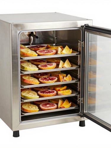 Industrial vacuum freeze dryer with open stainless steel door showing trays of freeze-dried fruits, crisp high-key lighting