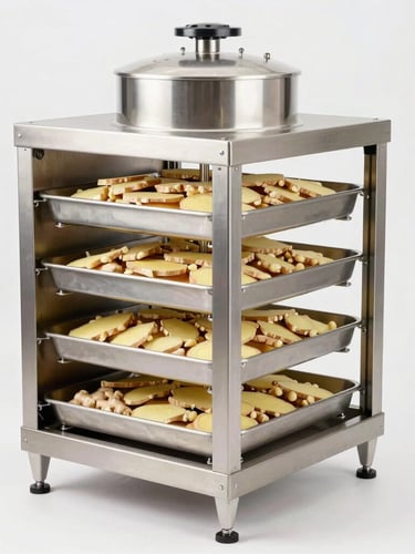 Commercial multi-tier hot air conveyor dryer processing sliced ginger in a clean factory, bright daylight