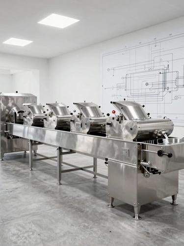Wide-angle crisp industrial product photography of a complete stainless steel rice milling line inside a bright, modern Indian factory setting, clean concrete floors, technical blueprint overlay details