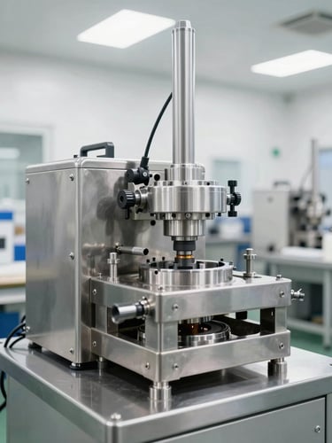 Bright clean factory setting with stainless steel machinery, high-key studio lighting, precise mechanical parts