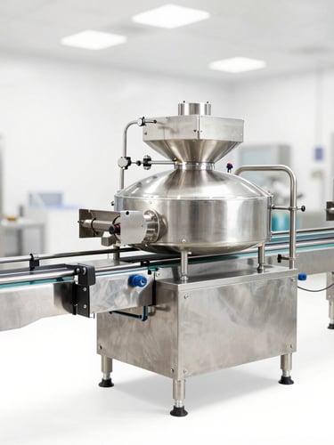 Crisp industrial product photography of a complete stainless steel food processing line in a bright, clean factory setting, showing automated conveyors and high-key lighting.