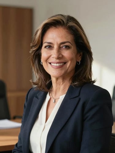 Professional portrait of Gloria Acevedo, a warm and trustworthy Chilean woman in her 50s, smiling, natural sunlight, neutral elegant office background with wood accents
