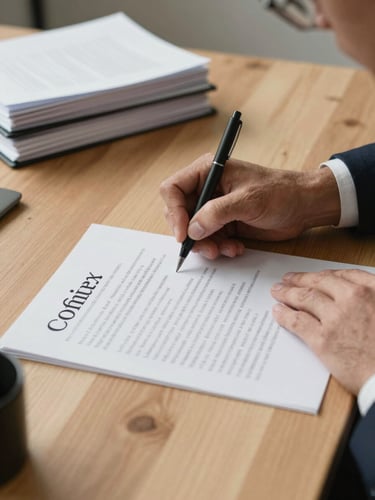 Primer plano de manos firmando un contrato de compraventa sobre un escritorio de madera clara, carpetas ordenadas, luz suave de oficina.