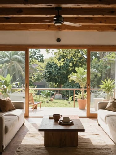 Images/hero_arriendos/interior_san_pedro.jpg: Straight-on architectural photograph of a bright, sunlit living room in San Pedro de la Paz, large windows overlooking green trees, natural wood finishes, warm daylight.
