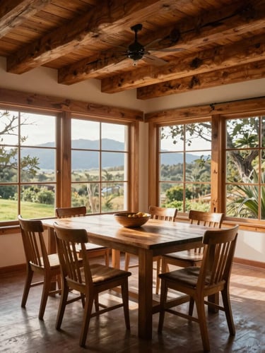 Amplio living comedor con ventanales de piso a techo, vigas de madera a la vista, luz natural de la tarde iluminando el espacio, estilo residencial chileno.
