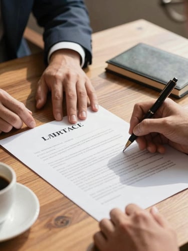 Images/proceso/firma_contrato.jpg: Close-up of hands reviewing a clean lease agreement on a wooden table, warm sunlight, cup of coffee nearby, professional atmosphere.