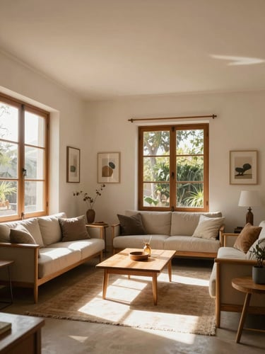 Straight-on architectural shot of a sunlit living room in San Pedro de la Paz, warm natural light streaming through large windows, modern wooden furniture, clean minimalist layout, cozy atmosphere.