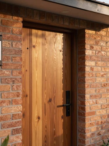 Close-up architectural detail of a modern home entrance in San Pedro, warm wooden door, terracotta brick wall, soft morning light