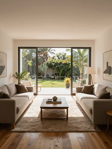 Straight-on architectural shot of a bright, modern living room in San Pedro de la Paz, warm natural daylight streaming through large windows, wooden floors, minimalist elegant styling