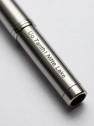 Close-up overhead flat-lay of a laser-engraved pen barrel showing sharp engraved text with name and title, polished metal surface reflecting neutral studio light, white background, zero clutter