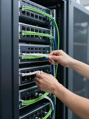 Professional IT engineer configuring a server rack in a modern, well-lit data center, focusing on hands and clean cable management, bright natural daylight, crisp navy and green accents, sharp focus, 35mm