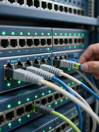 Close-up of a network switch with green indicator lights, cables neatly managed, an IT engineer's hand adjusting a connection in the background, professional technology photography, cool-toned LED lighting, crisp navy and green accents, sharp focus, 35mm