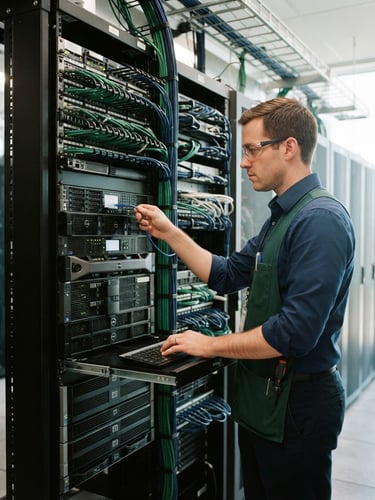 IT engineer configuring a server rack, bright natural daylight, crisp navy and green accents, sharp focus, 35mm