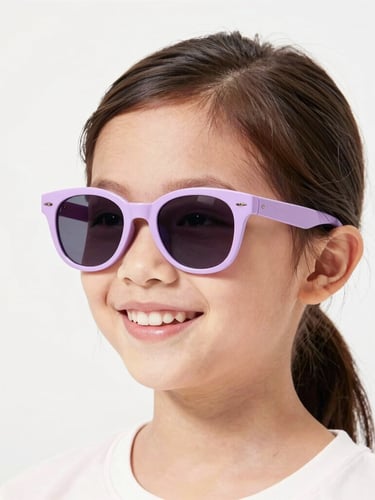 Bright pastel editorial photography of a smiling patient wearing colorful lilac sunglasses, soft high-key studio light, cheerful tones, 35mm lens