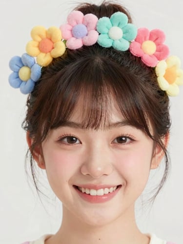 Close-up of a smiling patient with colorful flower hair accessories, bright pastel-tinted studio light, cheerful tones, 35mm lens