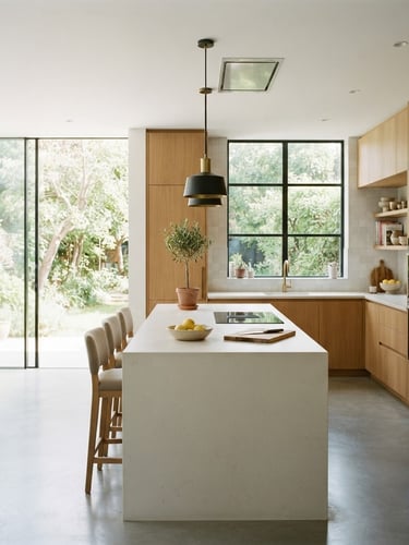 Wide shot of a minimalist luxury kitchen with warm wood cabinetry, clean stone countertops, and bright natural light streaming through large windows, high-end editorial, 35mm lens.
