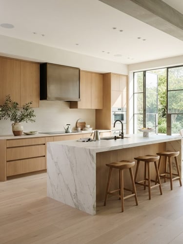 Wide shot of a minimalist luxury kitchen with a large stone island, warm rift-sawn oak cabinetry, and bright natural light streaming from large windows. Architectural composition, soft shadows.