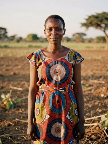 Dignified direct-to-camera portrait of a female African community leader in a vibrant patterned dress, standing proudly in a sunlit agricultural field, warm golden-hour light, warm editorial photography, rich heritage earth tones, 35mm film