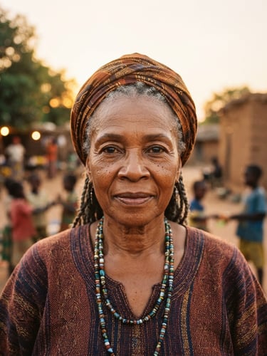 Dignified close-up portrait of a female community leader in Sub-Saharan Africa, warm golden-hour sunlight, direct-to-camera gaze, 35mm film.