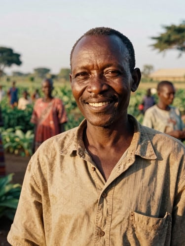 Dignified medium environmental close-up of a Sub-Saharan African community leader smiling warmly, golden-hour sunlight casting rich shadows, vibrant communal garden in the background, 35mm film style