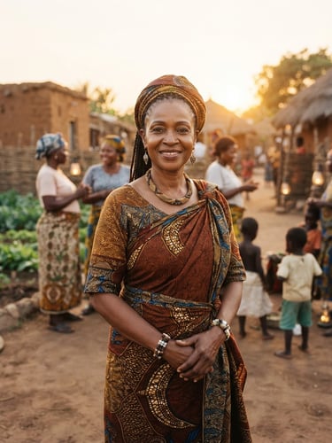 Dignified medium environmental portrait of a female community leader in warm golden-hour sunlight, Sub-Saharan Africa, rich heritage earth tones, 35mm film