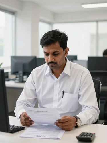 A professional environmental portrait of a Bangladeshi recruitment officer reviewing a signed employment contract in a bright, modern Dhaka office, natural daylight, clean sharp focus, 35mm