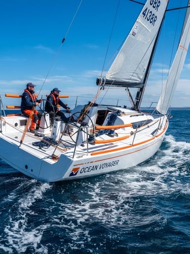 Bright editorial photo of a modern sailboat cutting through deep blue sea under clear sunny daylight, sharp focus on the white hull and safety-orange details.
