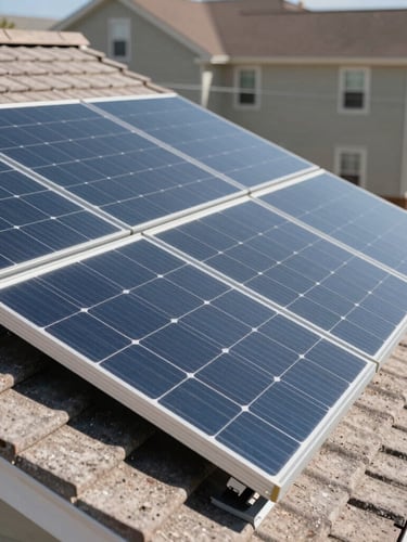 Close-up of clean, modern solar panels installed on a residential roof in Colorado, bright high-contrast daylight, crisp details.