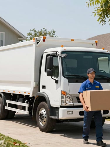 A clean, modern junk removal truck parked on a sunny suburban driveway, professional crew member in a clean uniform carrying a cardboard box, bright daylight, medium shot
