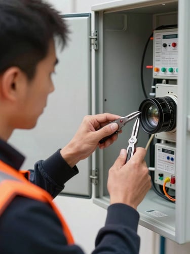 A professional fiber technician in a high-visibility orange vest working on a clean outdoor terminal box, bright daylight, medium close-up, sharp focus on hands holding tools.