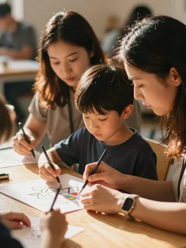 Candid shot of two volunteers and a child collaborating on an art project in a community center, warm natural daylight, shallow depth of field.