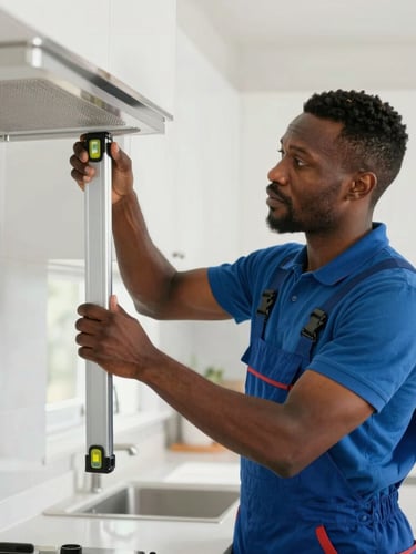 Medium shot of a professional African American installer in a clean uniform executing a precise appliance leveling and hookup inside a modern kitchen, bright natural daylight.