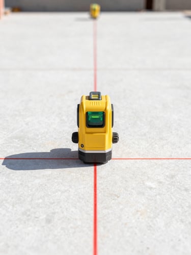 Straight-on close-up of a laser level casting a red line on a perfectly aligned tile joint, professional construction site, bright daylight, 35mm