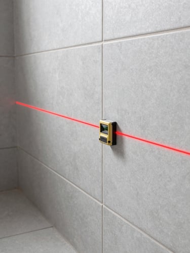 Sharp architectural photography of a laser level casting a red line across perfectly aligned grey porcelain bathroom dado tiles, bright natural daylight, high-contrast clean tones, professional construction site, 35mm