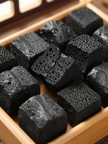 Close-up overhead view of bamboo charcoal lumps in a shallow wooden tray, matte black surfaces showing dense cross-section pores, natural daylight from a high window, a few pieces split open to reveal interior texture, warm amber tones on the tray edges