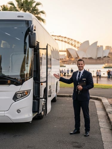 A professional uniformed driver standing beside a pristine modern charter coach, Sydney Opera House visible in the soft-focus background, warm golden hour light