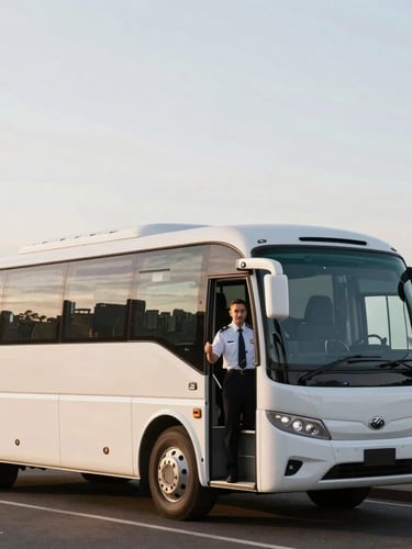 Close-up of a pristine, modern white charter minibus parked at a scenic lookout in Sydney, driver in professional uniform standing welcomingly by the open door, soft morning light.