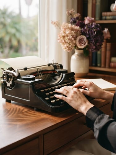 Elegant hands typing on a vintage typewriter on a sleek desk, cinematic window light, soft shadows, a subtle reflection of a palm leaf, blush and deep purple tones, 35mm film.