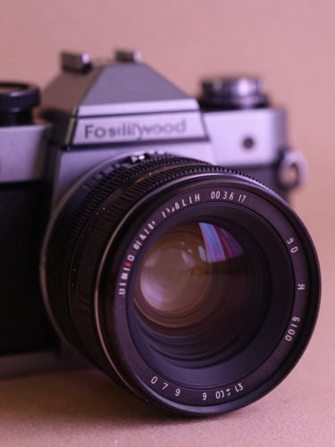 A close-up, soft-focus shot of a vintage film camera lens, cinematic lighting, a hint of blush fabric in the background, warm editorial photography, 35mm film.