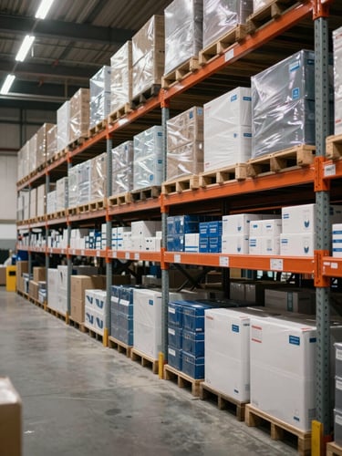 Wide shot of a warehouse shelf lined with boxed industrial products in neat rows, overhead fluorescent lighting casting even illumination, neutral concrete floor visible below, no people, clean and orderly