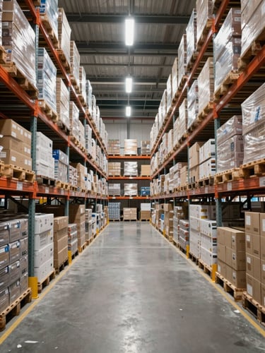 Wide shot of a distribution warehouse interior, pallets of boxed goods stacked on metal racking receding into the distance, overhead industrial lighting, no workers, emphasizing scale and organized inventory