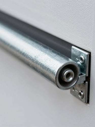 Tight macro shot of heavy-duty galvanized steel rollers and hinges inside a modern garage door, bright overcast daylight, sharp 35mm focus.