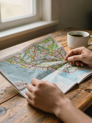 Close-up of hands holding a physical map and a ceramic coffee cup on a rustic wooden table, soft morning window light, organic textures.
