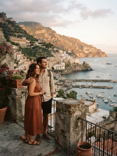 Warm environmental portrait of a traveling couple looking out over a coastal Mediterranean town at golden hour, soft terracotta tones, film grain, 35mm lens