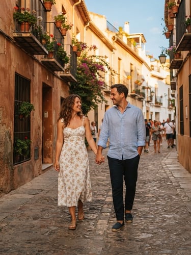 A candid medium shot of a couple walking hand-in-hand through a sun-drenched historic street in Spain, warm golden-hour light, rich terracotta walls, 35mm film style.