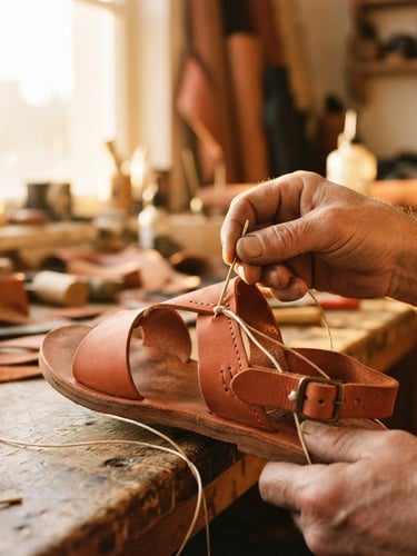 Editorial close-up of a hand stitching a terracotta leather sandal in a sunlit workshop, warm golden-hour light, shallow depth of field, 35mm film.