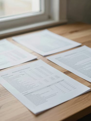 A warm editorial photograph of a clean, organized workspace with financial documents laid out neatly on a wooden desk, soft natural window light, muted slate blue and sand tones, shallow depth of field, 35mm