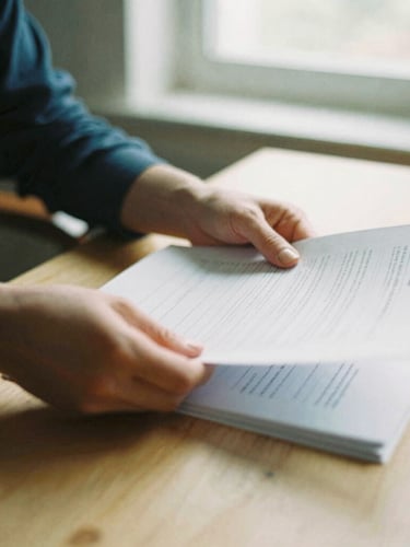 A portrait 3:4 crop of hands organizing structured financial documents on a warm sand wood desk, soft natural window light, shallow depth of field, 35mm